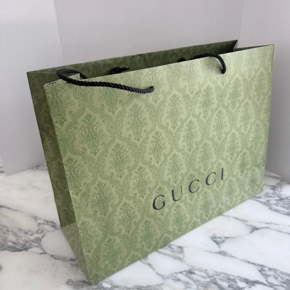 Gucci Large Green Damask Paper Shopping Bag Authentic Rope Handles 19x14x6.5